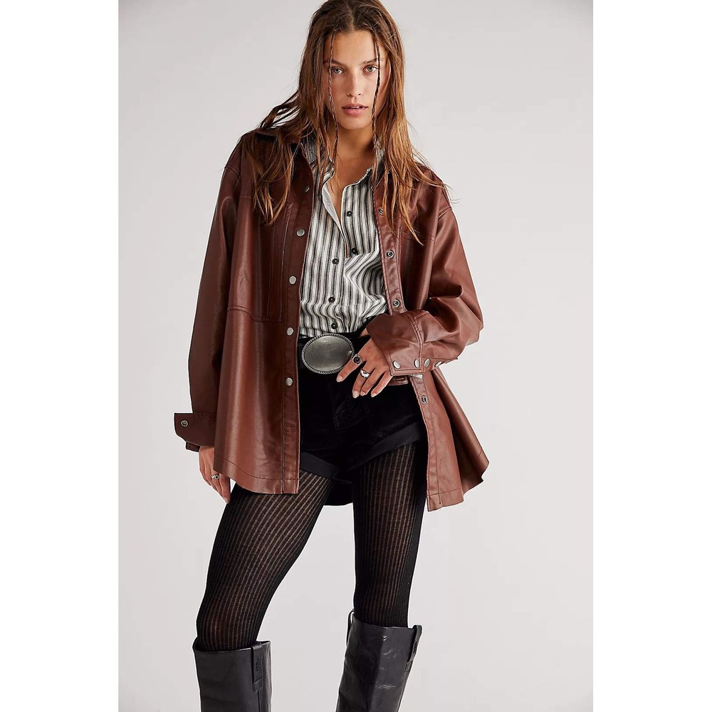 We The Free Free People Vegan Leather Shacket Brown Oversized Button Down Large